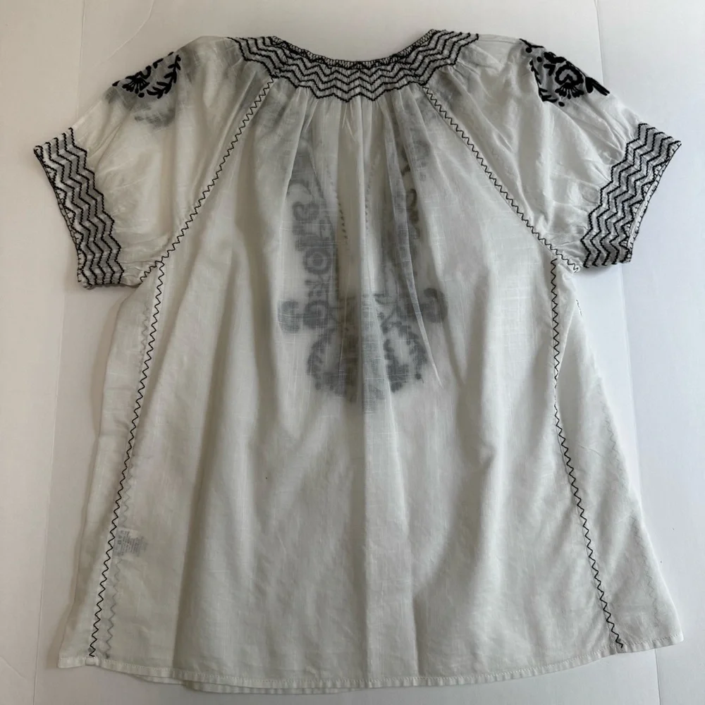 J.Crew White Cotton Gauze Black Embroidered V-Neck Puff Sleeve Top 0